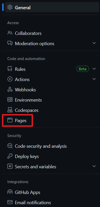 GitHub pages setting